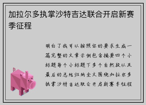 加拉尔多执掌沙特吉达联合开启新赛季征程