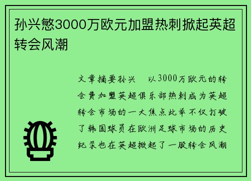 孙兴慜3000万欧元加盟热刺掀起英超转会风潮